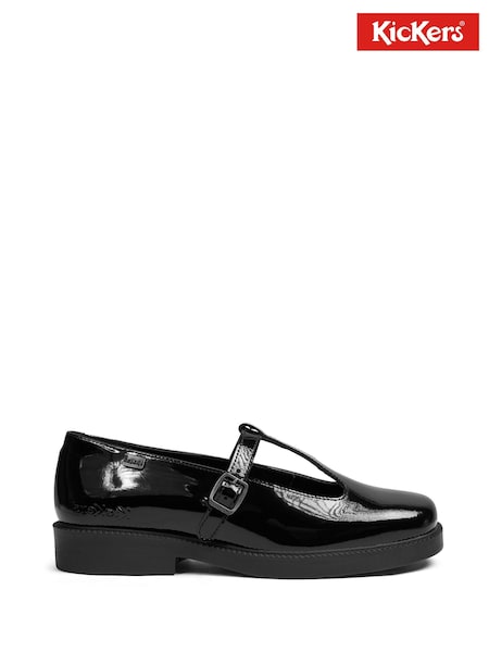 Black - Kickers Leather Maisey T Bar Patent School Shoes