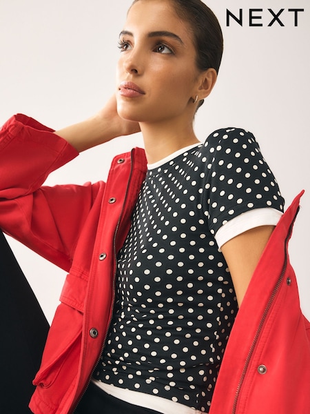 Black/White Polka Dot - Short Sleeve Layered Crew Neck T-shirt