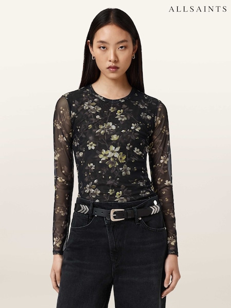 AllSaints Black Ellie Mesh Long Sleeve T-Shirt (G83590) | £69
