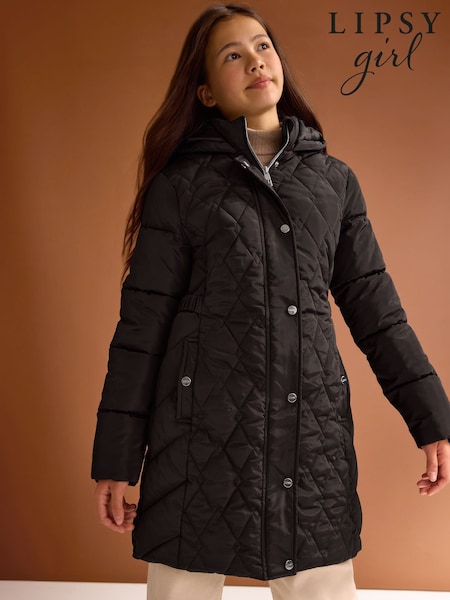 Black - Lipsy Shower Resistant Midweight Longline Padded Coat (5-16yrs)
