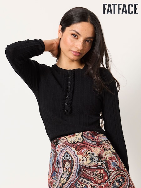 Black - Fatface Knitted Frill Front Henley