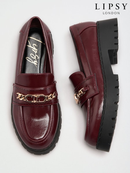 Burgundy Red Faux Leather Hardware Trim - Lipsy Chunky Workwear Loafer