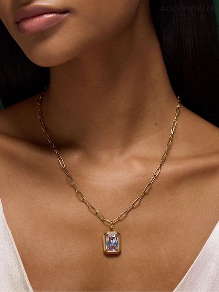 Accessorize Gold Stainless Steel Rectangle Stone Pendant Necklace (G84614) | £24
