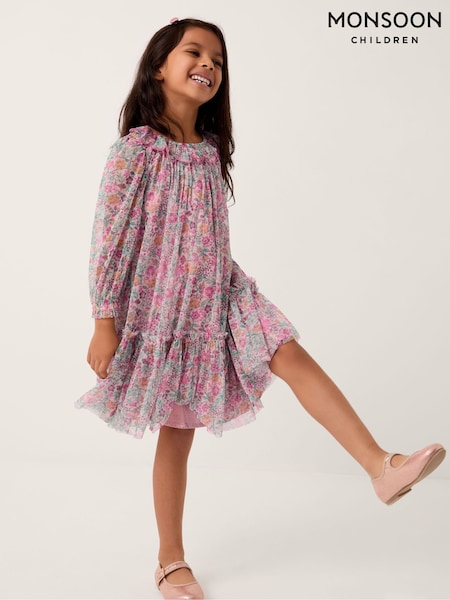 Monsoon Pink Scallop Collar Floral Print Dress (G84653) | £36 - £41