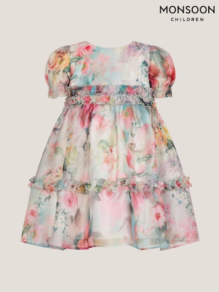 Monsoon Pink Baby Puff Sleeve Floral Chiffon Party Dress (G84657) | £42 - £47