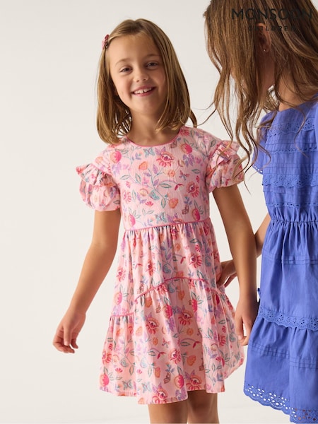 Monsoon Natural Floral Jacquard Ruffle Dress (G84663) | £38 - £43