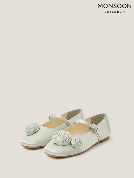 Monsoon Green Rosette Satin Ballet Flats (G84845) | £26 - £30