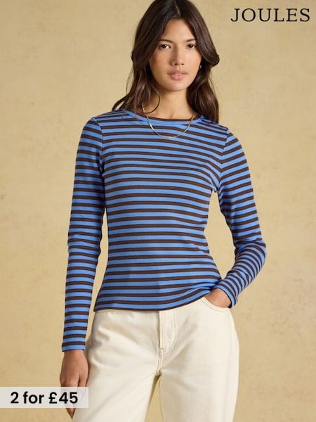 Blue & Brown Striped - Joules Sophie Ribbed Fitted T-shirt