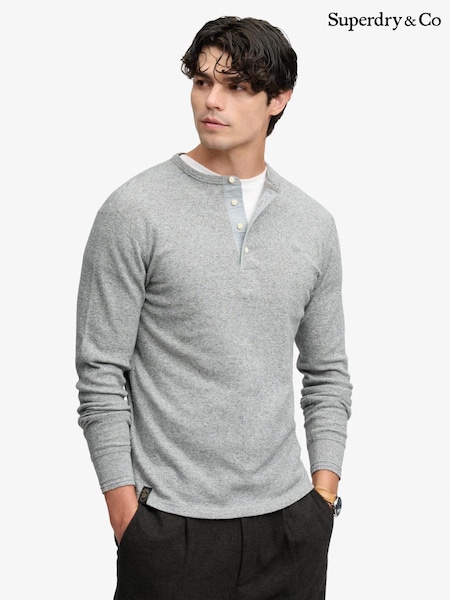 Grey - Regular Superdry Mini Slub Waffle Long Sleeve Grandad T-shirt