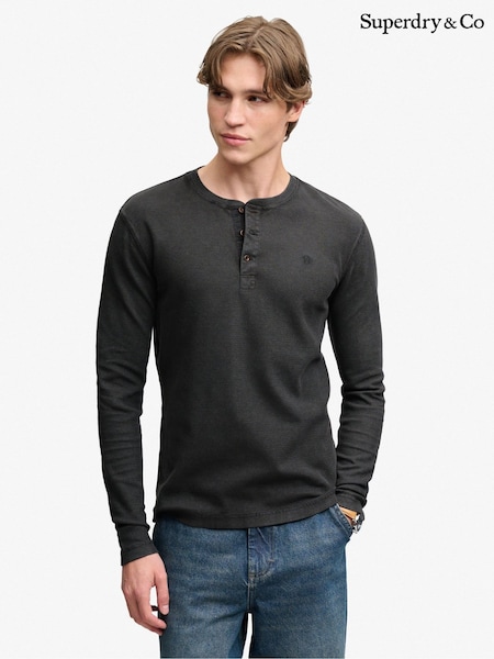 Black - Regular Superdry Waffle Long Sleeve Henley Top
