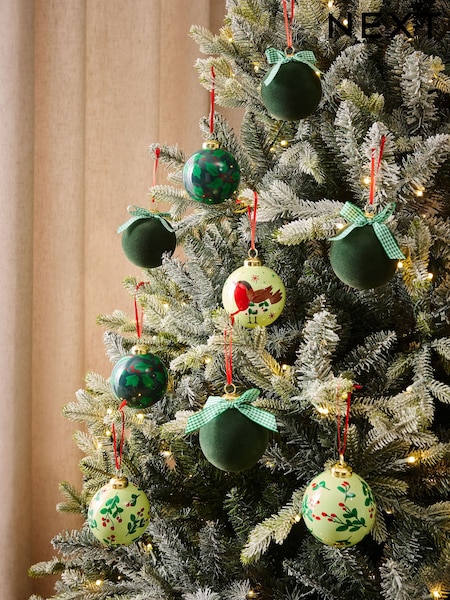 Set Of 9 Robin Foliage Christmas Baubles