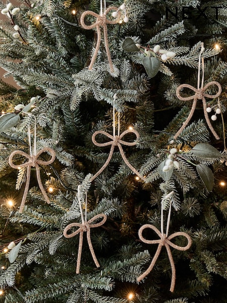 Set Of 6 Beaded Bow Christmas Baubles