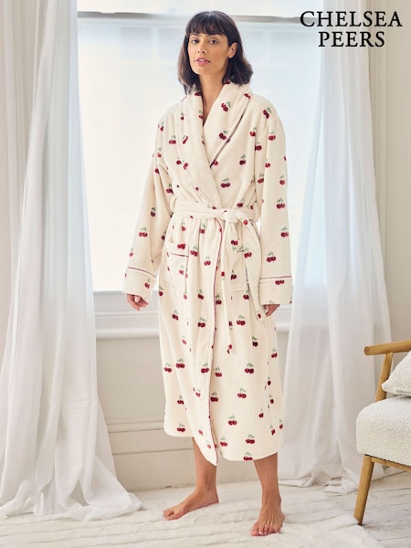 Chelsea Peers Natural Fleece Cherry Print Long Dressing Gown (G86816) | £65