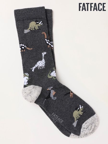 Grey - Regular Fatface Halloween Dino Socks