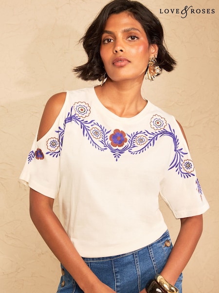 Ivory - Love & Roses Cold Shoulder Embroidered T-shirt