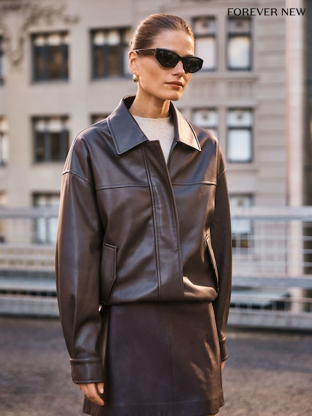 Forever New Brown Maxine Leather Bomber Jacket (G87934) | £110