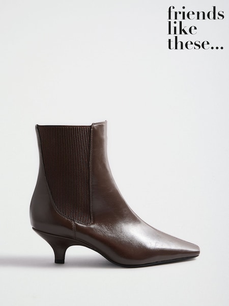 Chocolate Brown Faux Leather - Friends Like These Pointed Toe Elasticated Back Kitten Heeled Ankle Boots