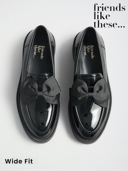Black - Friends Like These Faux Leather Patent Bow Trim Chunky Loafers