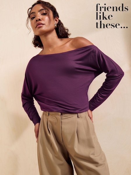 Aubergine Purple - Friends Like These Off Shoulder Long Sleeve Jersey Top