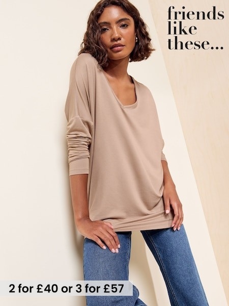 Taupe - Friends Like These Soft Jersey V-neck Long Sleeve Tunic Top