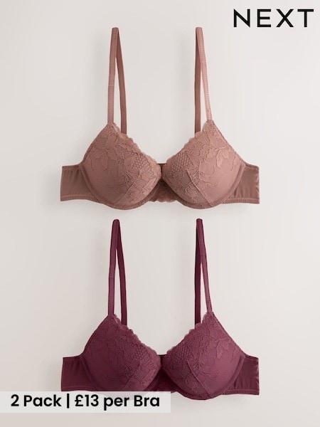 Plum/Tan Brown - Push Up Plunge Lace Bras 2 Pack