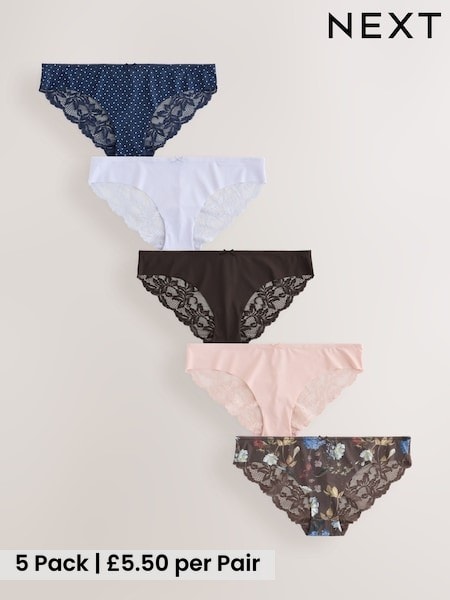 Floral/Spot - Lace Back No Vpl Invisible Knickers 5 Pack