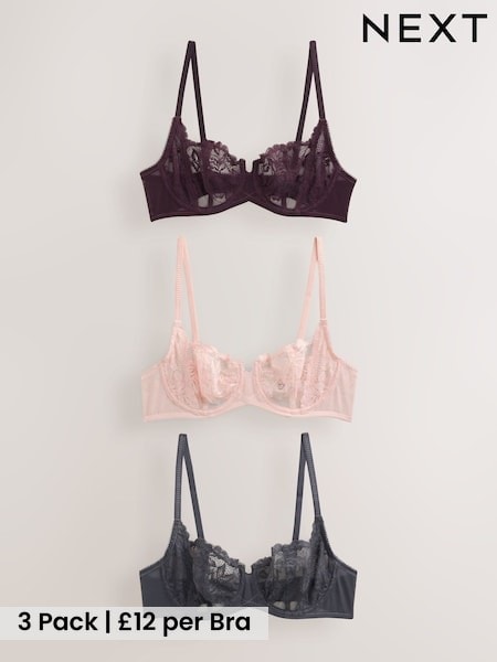 Grey/Pink/Plum - Lace Bras 3 Pack (e76841)