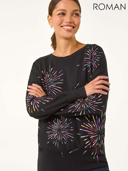 Roman Black Crew Neck Burst Foil Print Jumper (G89671) | £45