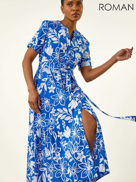 Roman Blue Floral Print Tie Waist Midi Dress (G89700) | £50