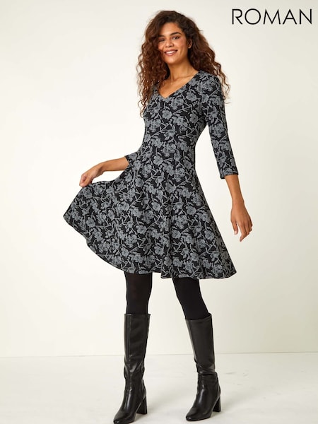 Roman Black Rose Print Cotton Blend Stretch Dress (G89718) | £58