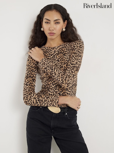 River Island Brown Leopard Print Long Sleeve Fitted Top (G89753) | £25