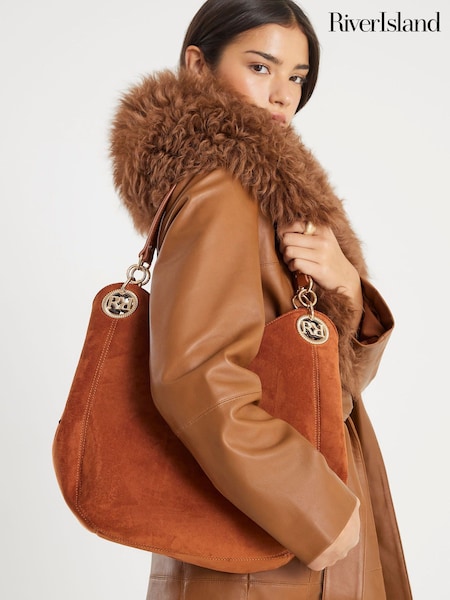 River Island Brown Suedette Logo Eyelet Slouch Shoulder Bag (G89756) | £46