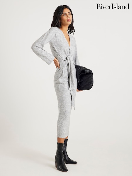 River Island Grey Long Sleeve Tie Side Cosy Maxi Dress (G89759) | £48