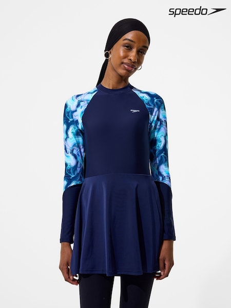 Blue - Speedo Print Long Sleeve Swim Dress