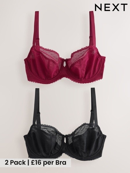 Black/Red - Dd+ Spot Mesh Non Pad Balcony Bras 2 Pack