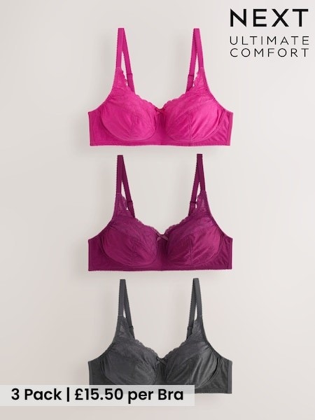 Grey/Purple/Pink - Total Support Full Cup Non-wired Lace Ultimate Comfort Bras 3 Pack