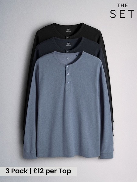 Navy/White - Regular The Set 3 Pack Long Sleeve Waffle Henley Tops