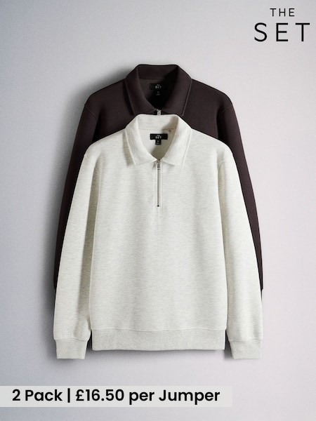 Brown/Cream - Regular The Set 2 Pack Pique Quater Zip Polo Jumpers