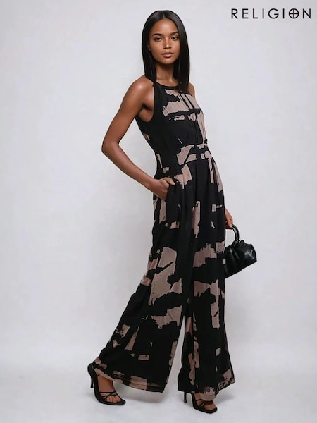 Religion Black Crew Wide Leg Jumpsuit in Abstract Façade Print (G90143) | £85