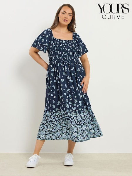 Yours Curve Blue Shirred Mid Maxi Dress (G90196) | £34