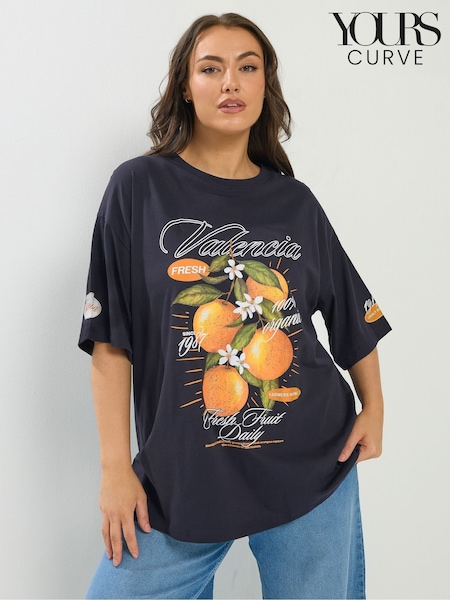 Yours Curve Blue Placement Relaxed T-Shirt (G90226) | £22