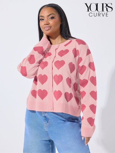 Yours Curve Pink Limited Heart Knitted Round Neck Cardigan (G90242) | £31