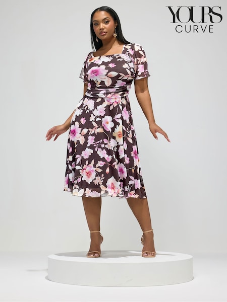 Yours Curve Brown London Floral Mesh Square Neck Dress (G90268) | £53