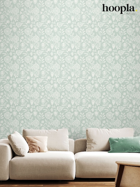 Hoopla Walls Soft Petrol Evelyn Trail Bone 10M Wallpaper (G90361) | £40