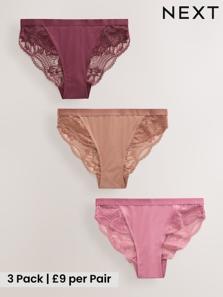 Plum/Mocha/Pink - Lace Knickers 3 Pack