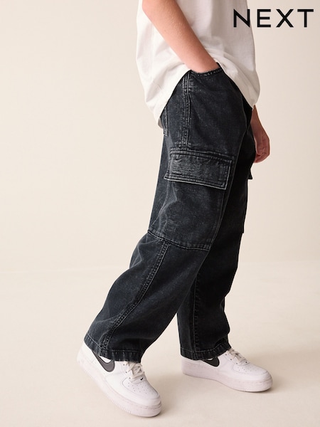 Dark Grey - Denim Wide Fit Pull On Cargo Trousers (3-16yrs)