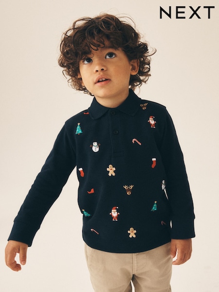 Navy - Long Sleeve Christmas Embroidered Polo Shirt (3mths-7yrs)