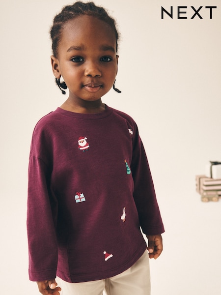 Berry Red All over Embroidered - Long Sleeve Christmas T-shirt (3mths-7yrs)