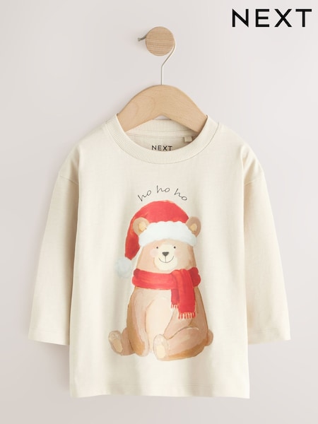Cream Bear with Santa Hat - Long Sleeve Christmas T-shirt (3mths-7yrs)