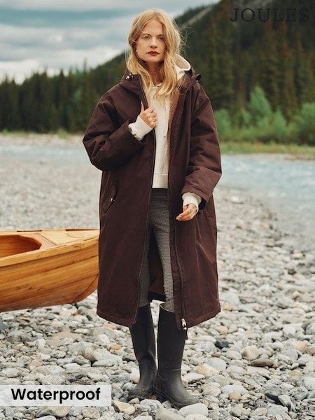 Chocolate Brown - Joules Coverall Oversized Fleece Lined Waterproof Coat